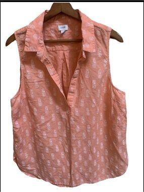 J. Crew Coral Sleeveless Pineapples Print Linen Cotton Blend Popover Sz L Top
